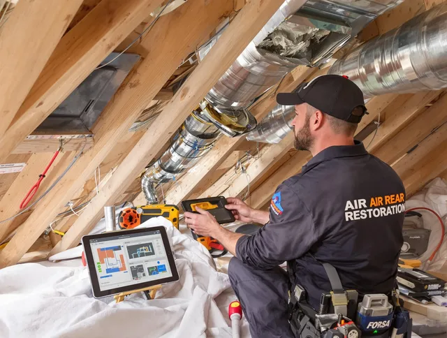 Warren Air Duct Cleaning technician performing precise duct repair work in Warren