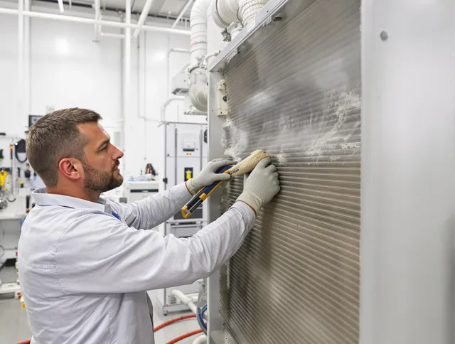 Warren Air Duct Cleaning technician performing precision commercial coil cleaning at a Warren business
