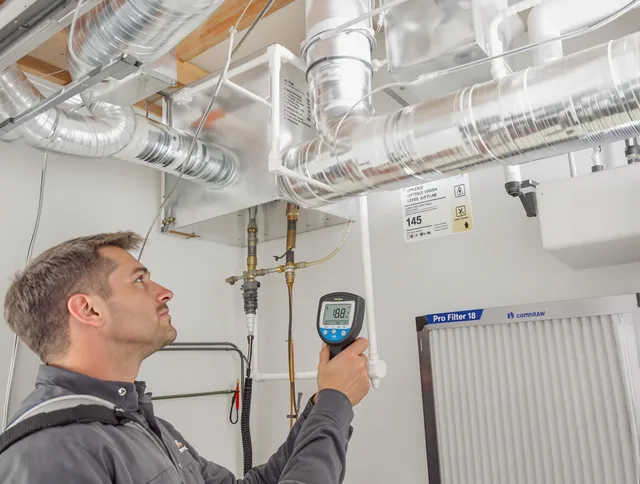 Warren Air Duct Cleaning expert conducting detailed filter system inspection using diagnostic tools in Warren